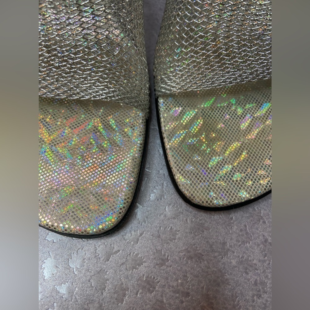 Pierre Dumas~Iridescent Insole w/Wire Mesh-Look Slide Sandal~Wedge~Silver~Size 9 - Picture 12 of 13